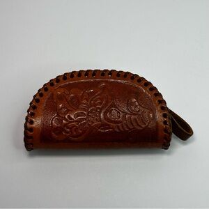 Vintage Hand-Tooled Leather Zippered Floral Change/Coin Purse